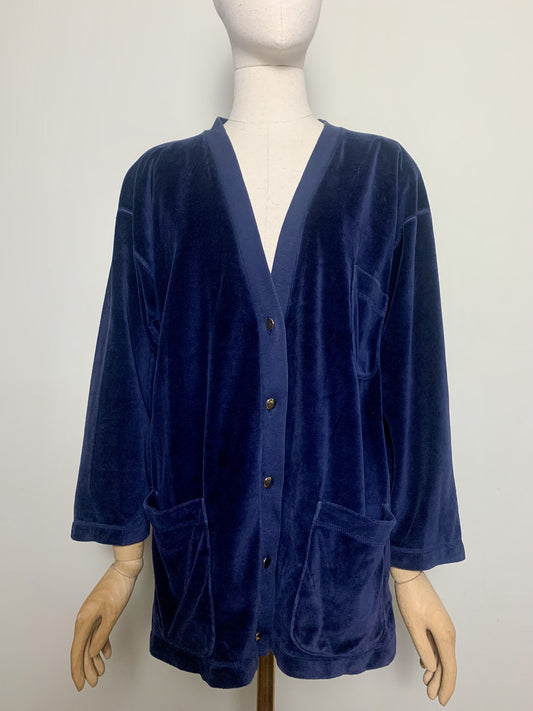 Cardigan gilet Vintage Années 80 90 Velours Coton Bleu Marine Oversize - Boutons Dorés – T36/38