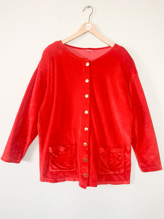 Veste Cardigan Vintage en Velours Rasé Rouge Orangé - Boutons Dorés & Épaulettes - Années 80/90 - T. 42/44 FR (L/XL)