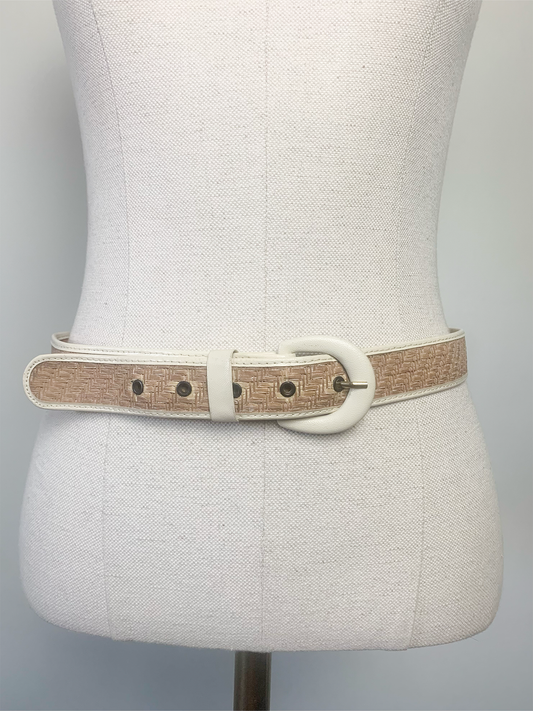 Ceinture femme bi matière raphia et simili cuir  blanc vintage