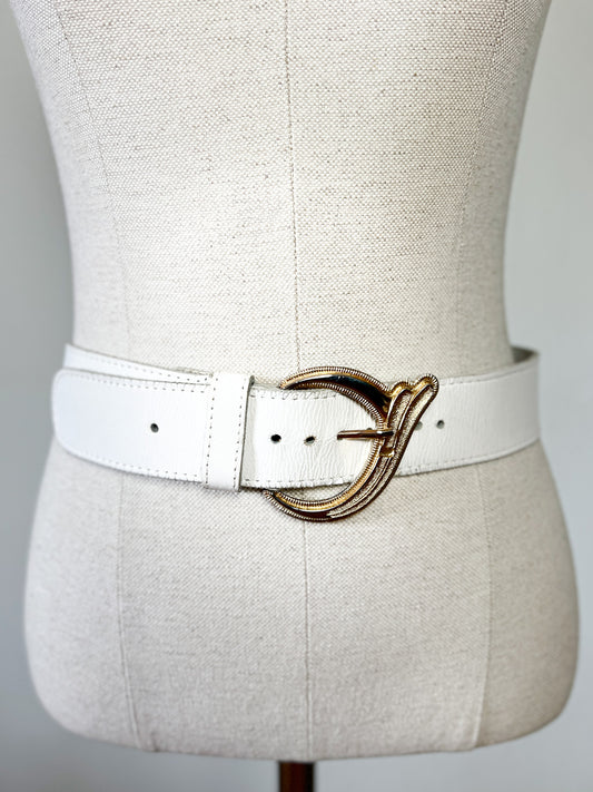 Ceinture Vintage Années 80 Blanche - Boucle Ornate Dorée- Cuir véritable- Gutos