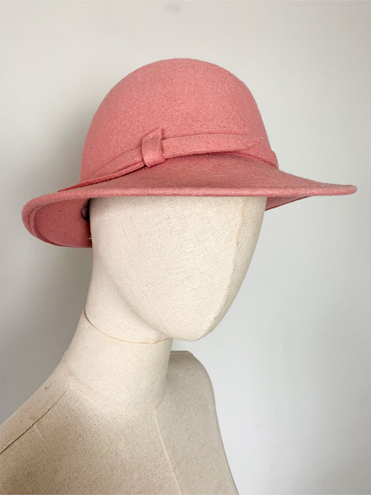 Chapeau Femme Vintage en Feutre de Laine Rose Poudré - 100% Laine - Made in Italy - Taille 55