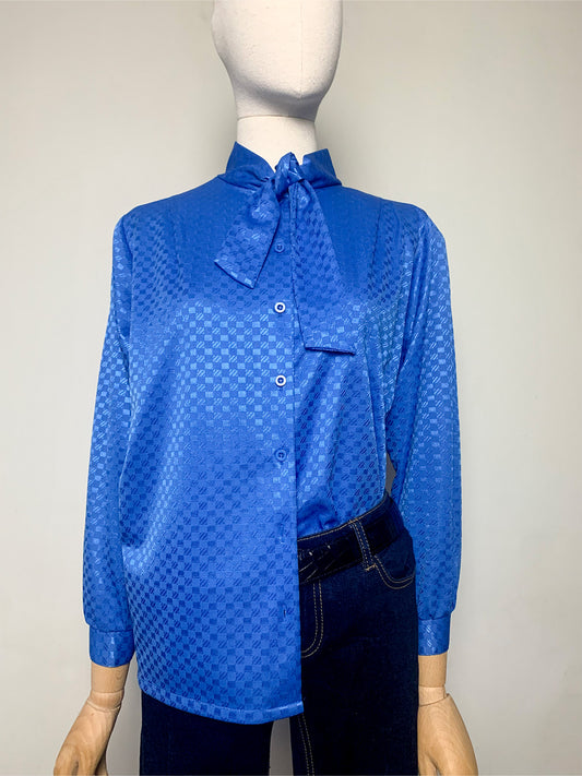 Chemisier Vintage Bleu Royal Damassé Col Cravate - Épaules Structurées - Années 80 - T. 38/40 FR (M/L)