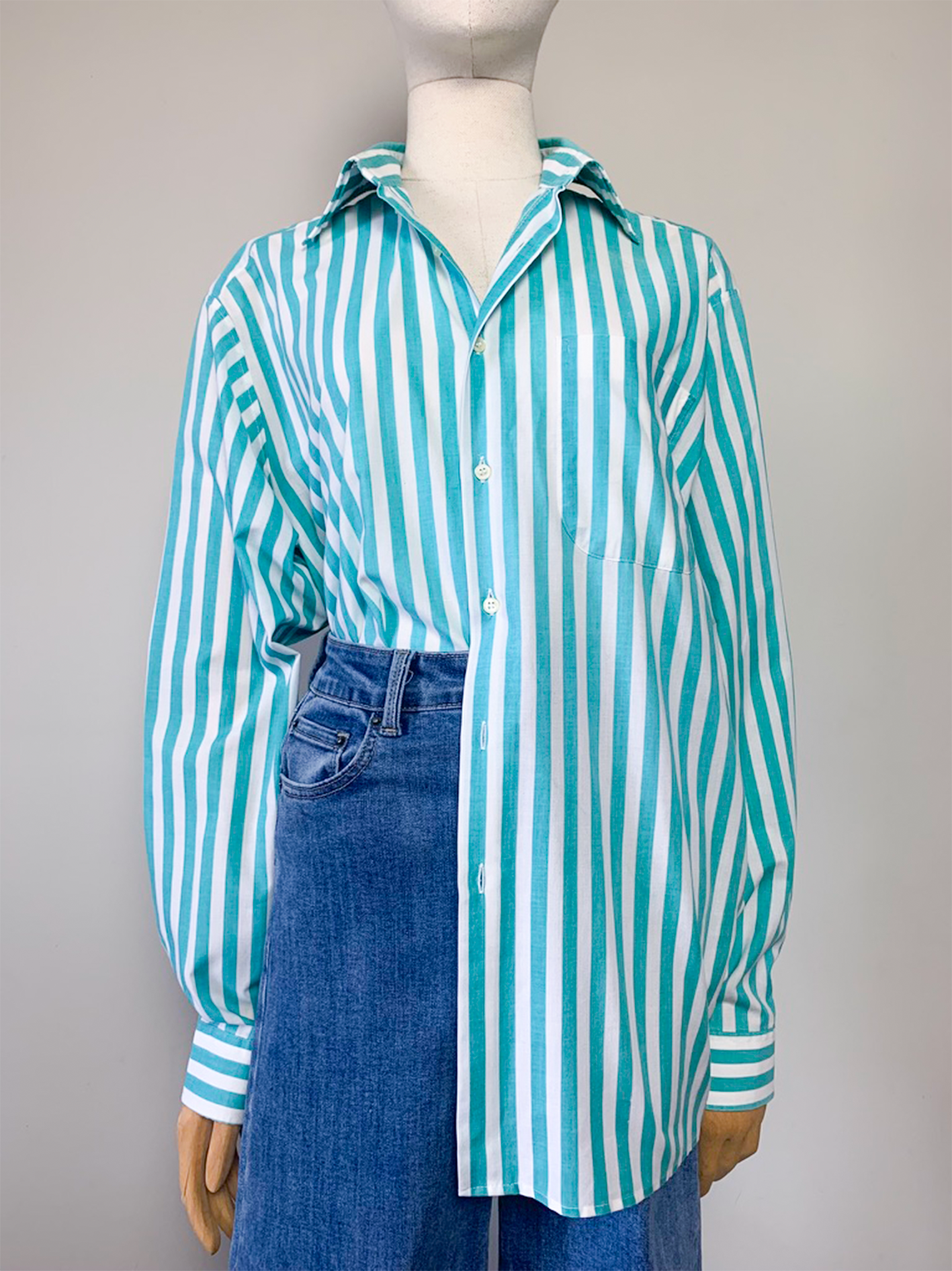 Chemise unisexe rayée blanche et turquoise Jacques Germain