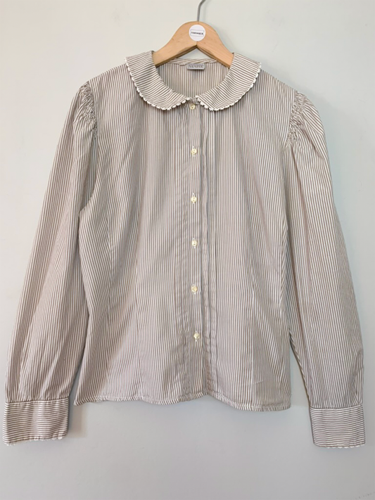 Chemise chemisier col Claudine rayée blanche et beige vintage