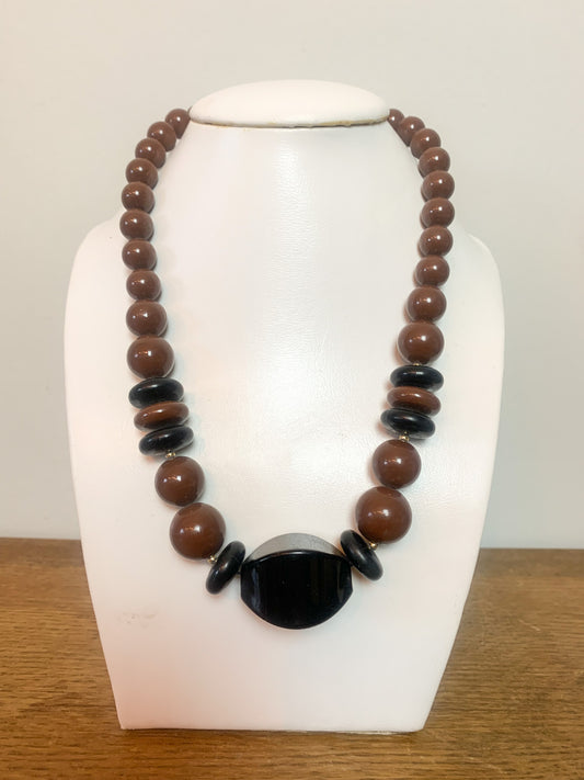 Collier Vintage Années 80 Grosses Perles - Marron & Noir - Style Statement Chic