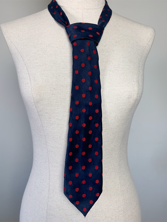 Cravate bleu marine à pois rouge vintage