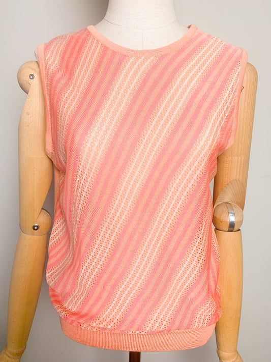 Top Débardeur Vintage Années 70 80 en Maille Ajourée – Rayures Sorbet Saumon & Rose – Taille 36 (S)