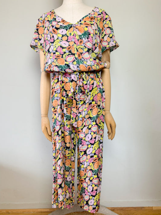 Ensemble Coordonné Vintage Années 80 – Blouse & Pantacourt – Imprimé Fruits Tropical – Taille 36 au 40