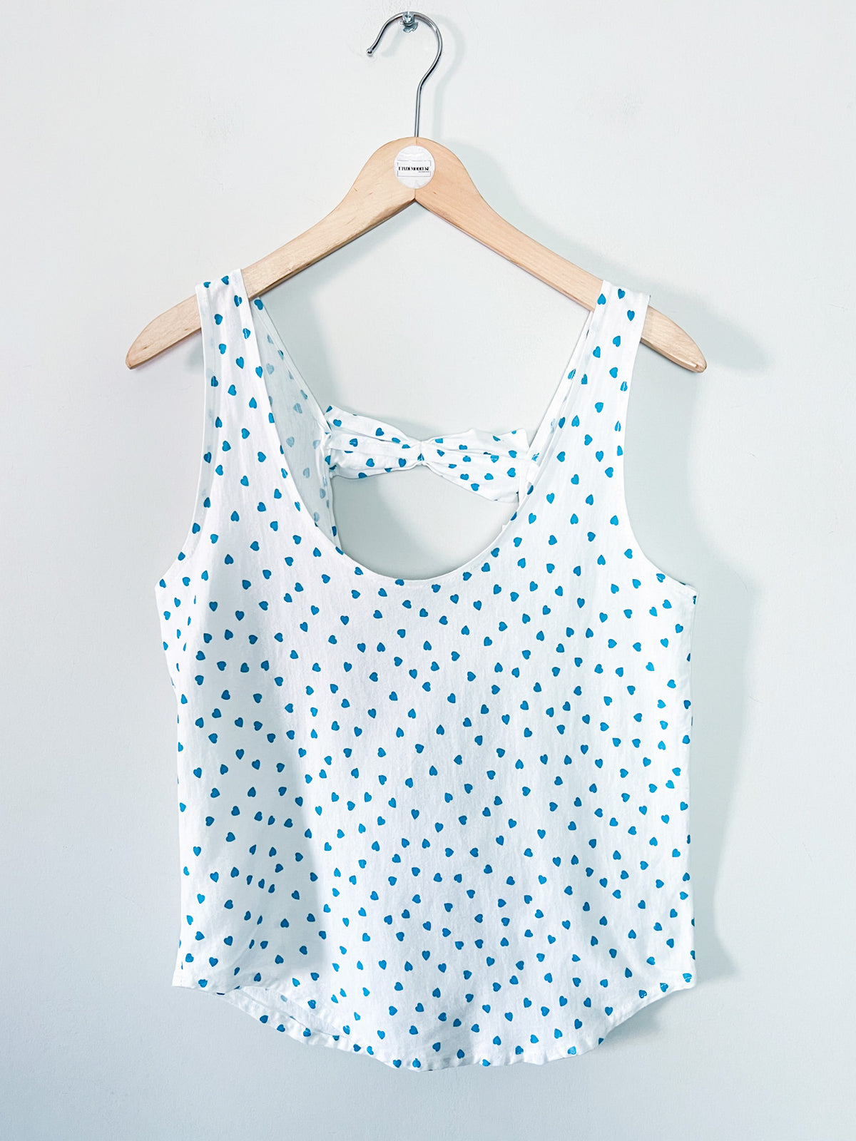 Débardeur Vintage Années 80 90 Dos Nu à Nœuds Imprimé Cœurs bleu turquoise – Fabriqué en France – T36/38