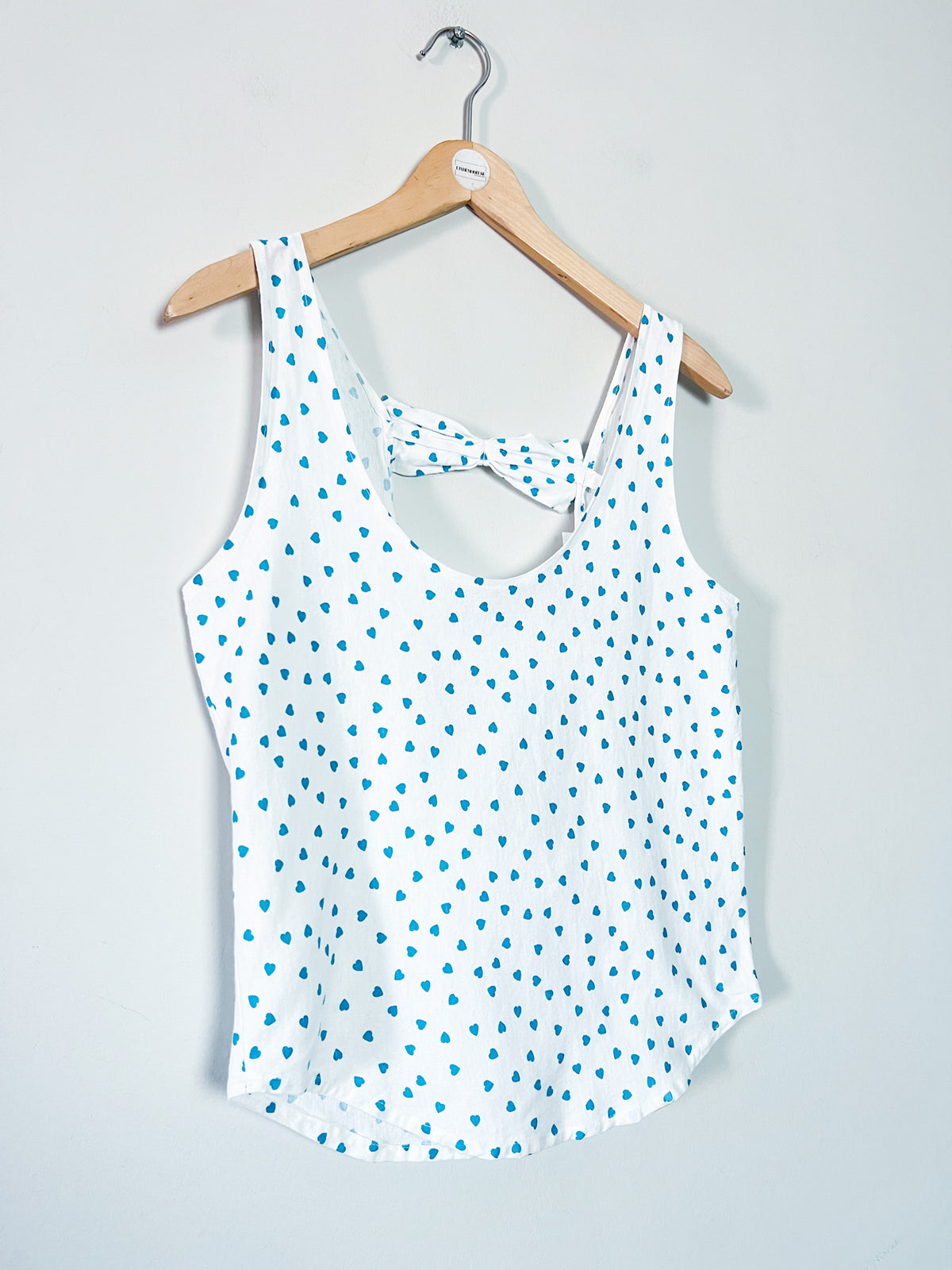 Débardeur Vintage Années 80 90 Dos Nu à Nœuds Imprimé Cœurs bleu turquoise – Fabriqué en France – T36/38