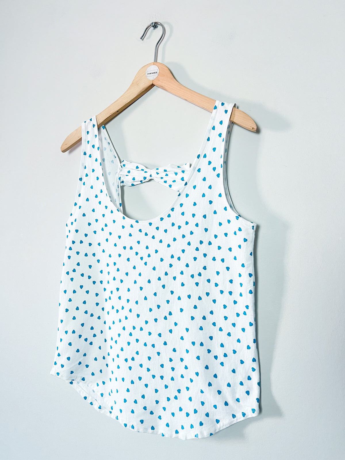 Débardeur Vintage Années 80 90 Dos Nu à Nœuds Imprimé Cœurs bleu turquoise – Fabriqué en France – T36/38