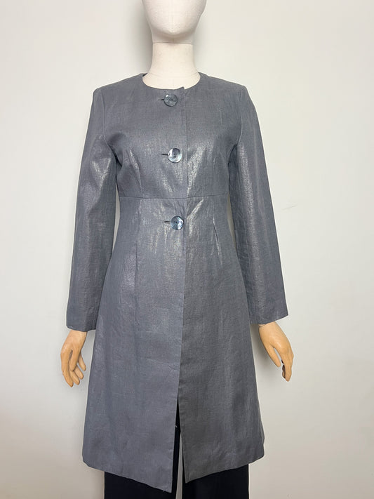Veste Manteau Chic Mi-Long 123 - 100% Lin Métallisé Gris Argent -Coupe Cintrée & Boutons Fantaisies- Épaulettes - T36