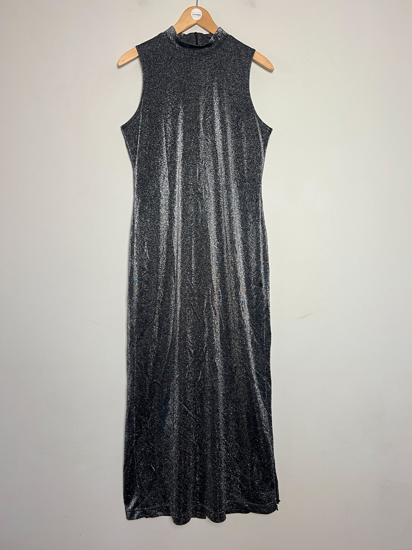 Robe Longue Vintage Années 90 Noir Pailleté Argenté - Col Montant - T38/40