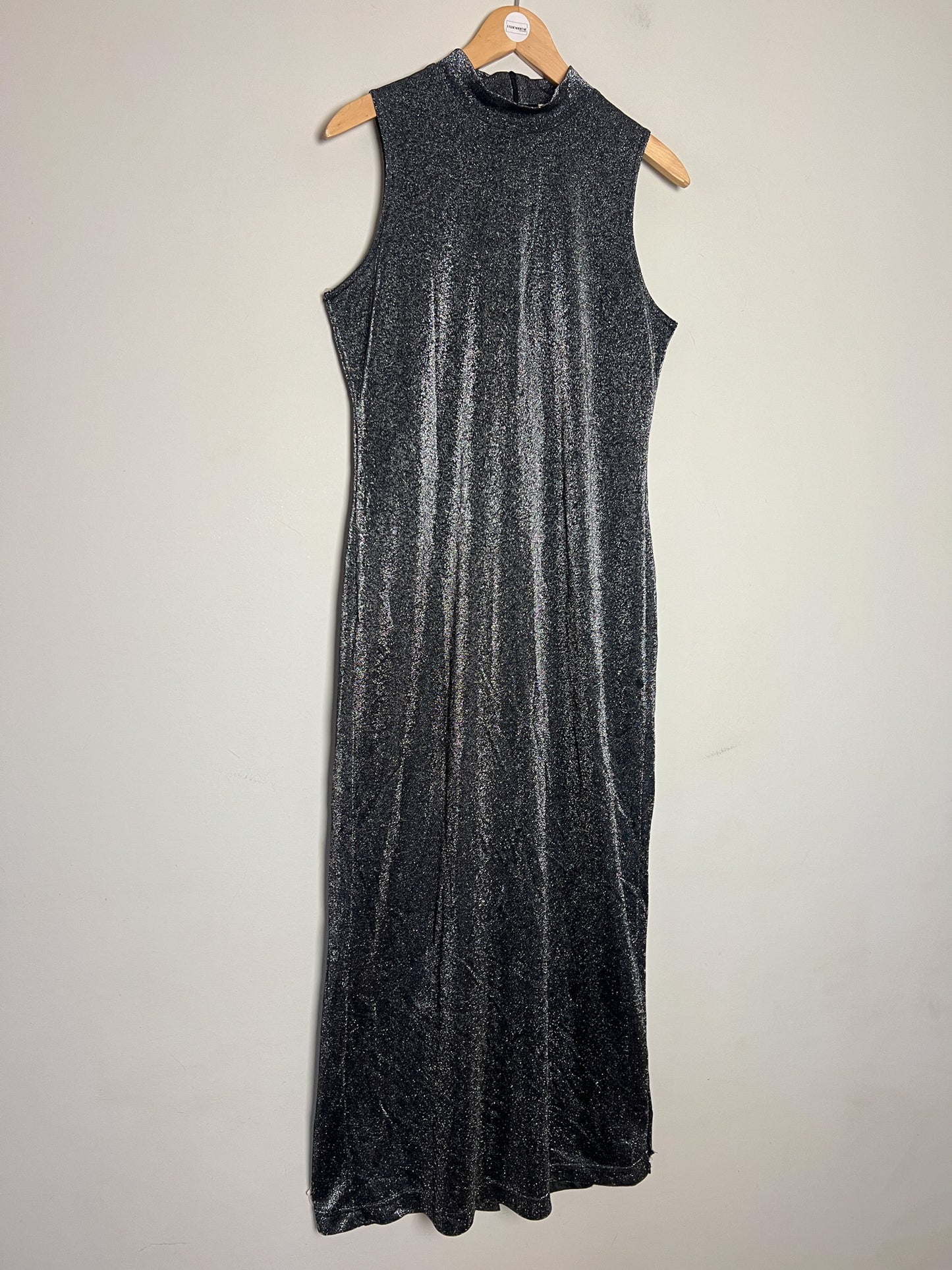 Robe Longue Vintage Années 90 Noir Pailleté Argenté - Col Montant - T38/40