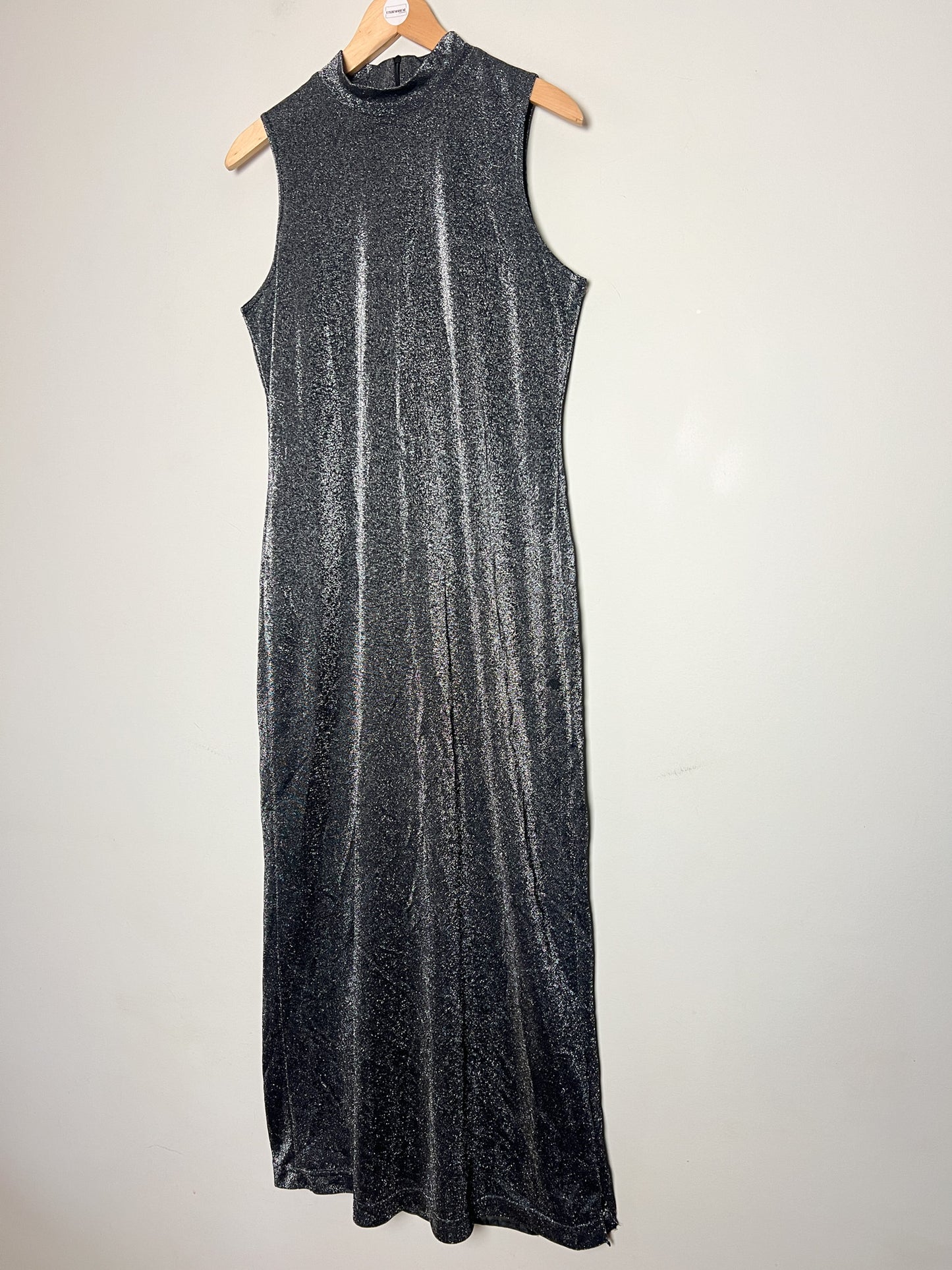 Robe Longue Vintage Années 90 Noir Pailleté Argenté - Col Montant - T38/40