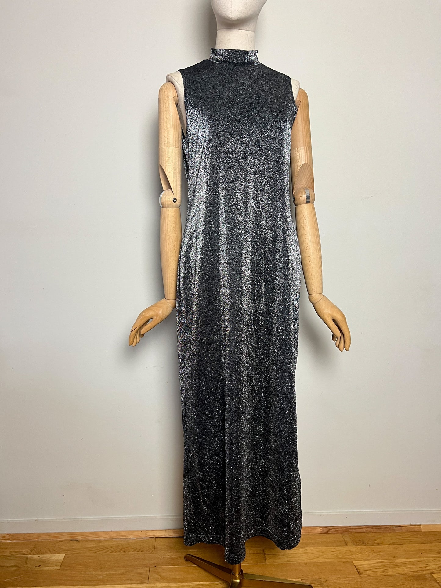 Robe Longue Vintage Années 90 Noir Pailleté Argenté - Col Montant - T38/40