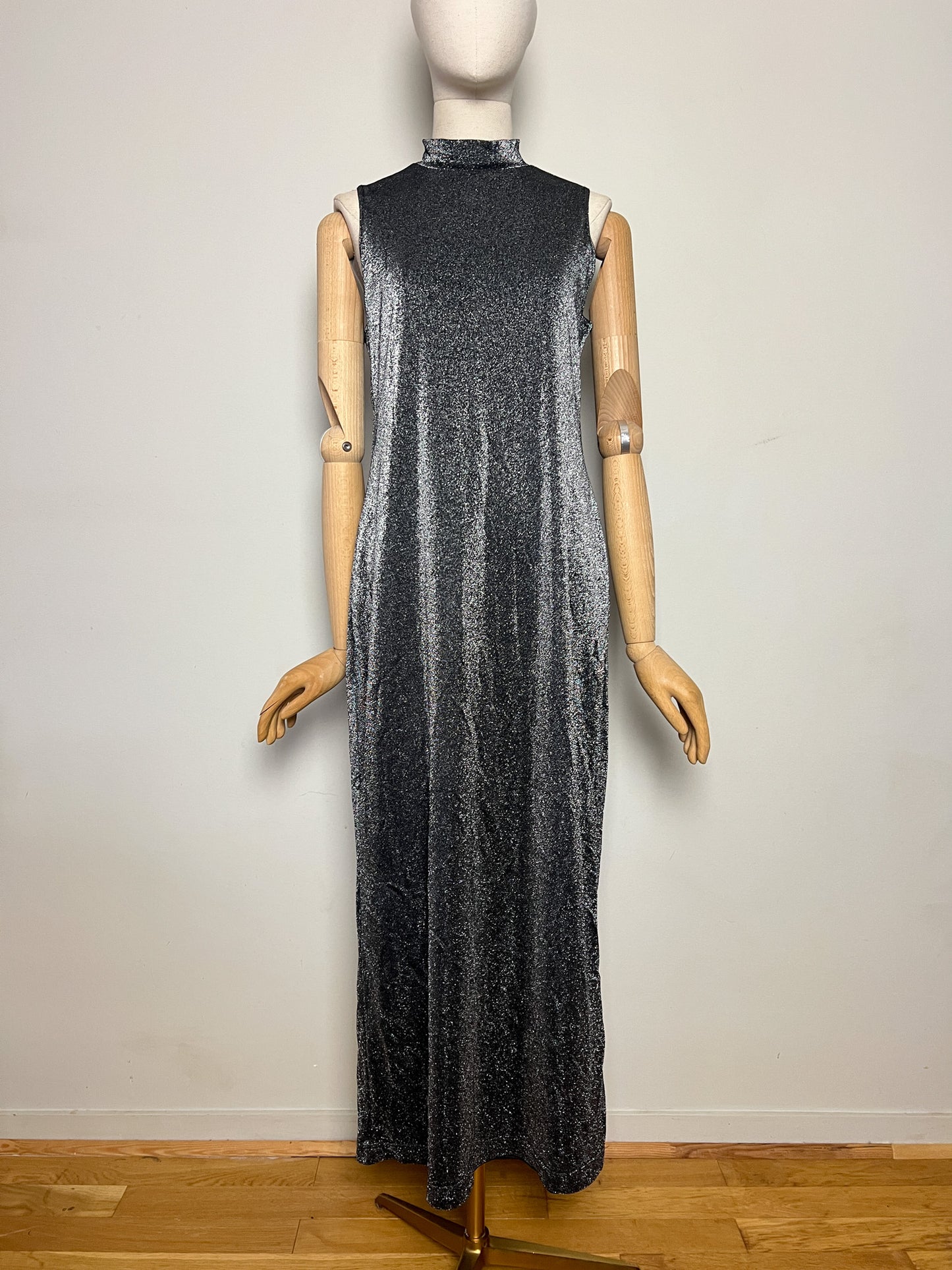 Robe Longue Vintage Années 90 Noir Pailleté Argenté - Col Montant - T38/40