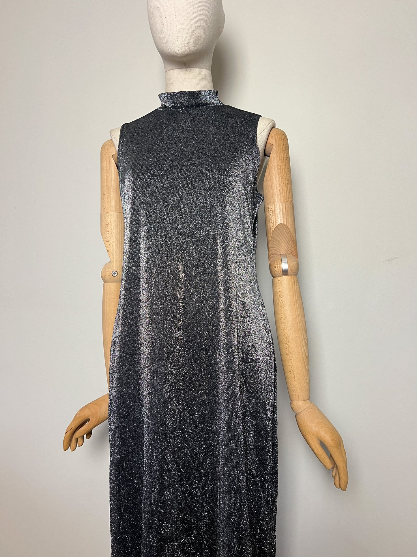 Robe Longue Vintage Années 90 Noir Pailleté Argenté - Col Montant - T38/40