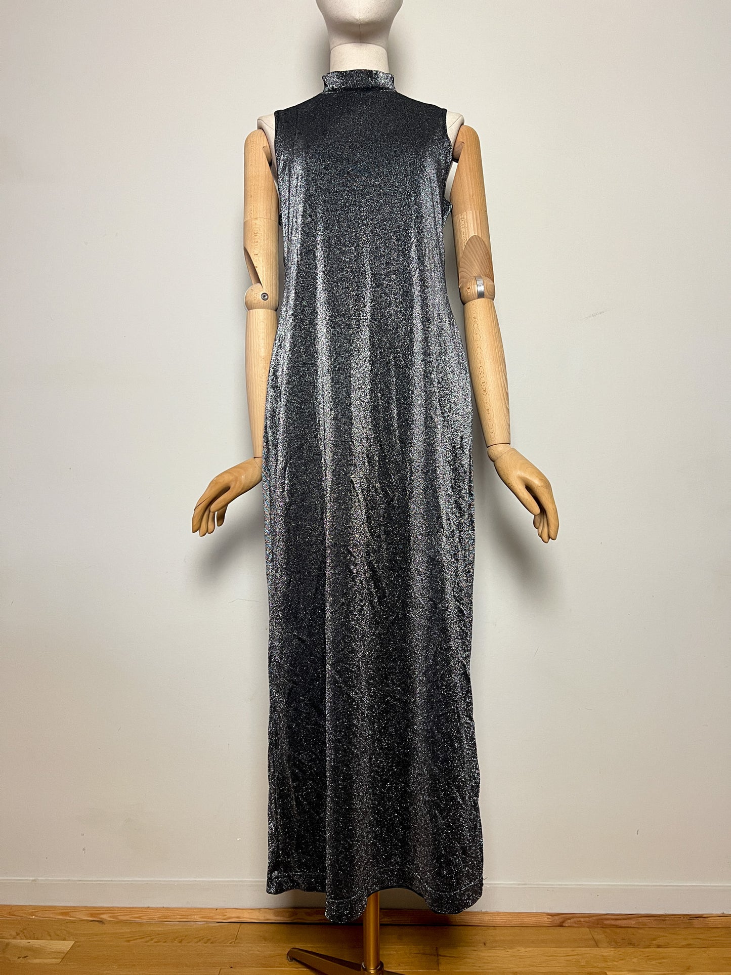 Robe Longue Vintage Années 90 Noir Pailleté Argenté - Col Montant - T38/40