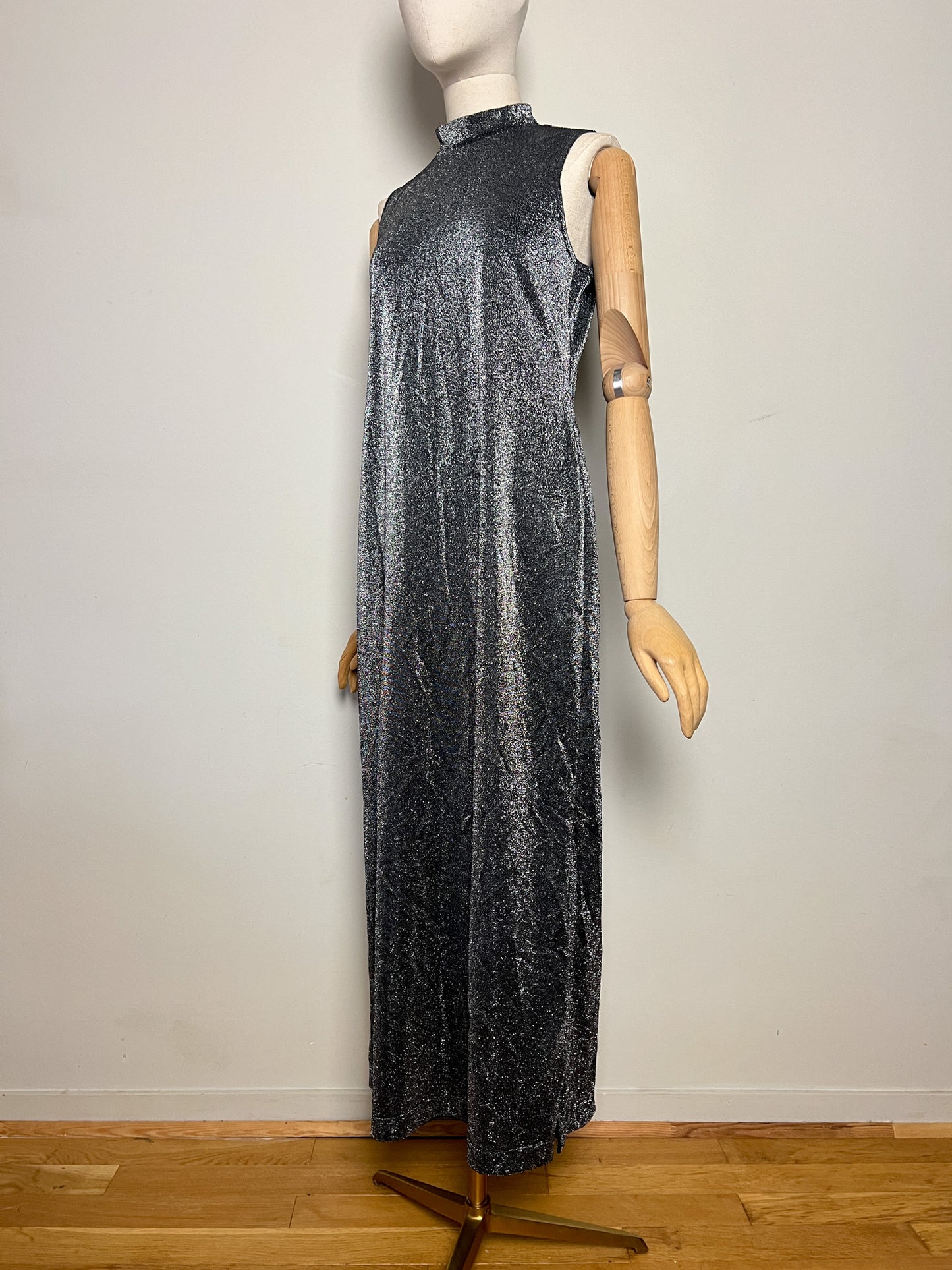 Robe Longue Vintage Années 90 Noir Pailleté Argenté - Col Montant - T38/40