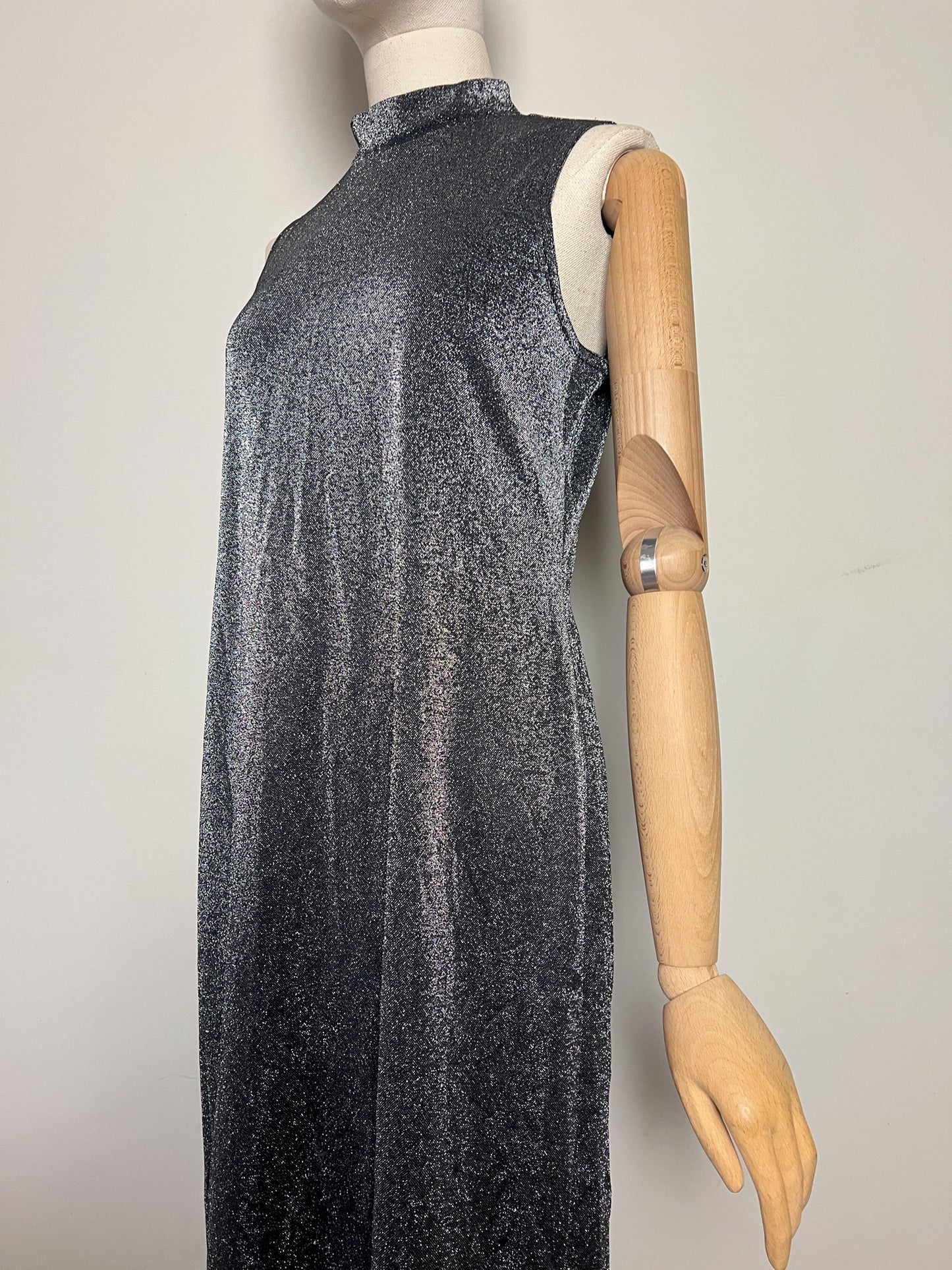 Robe Longue Vintage Années 90 Noir Pailleté Argenté - Col Montant - T38/40