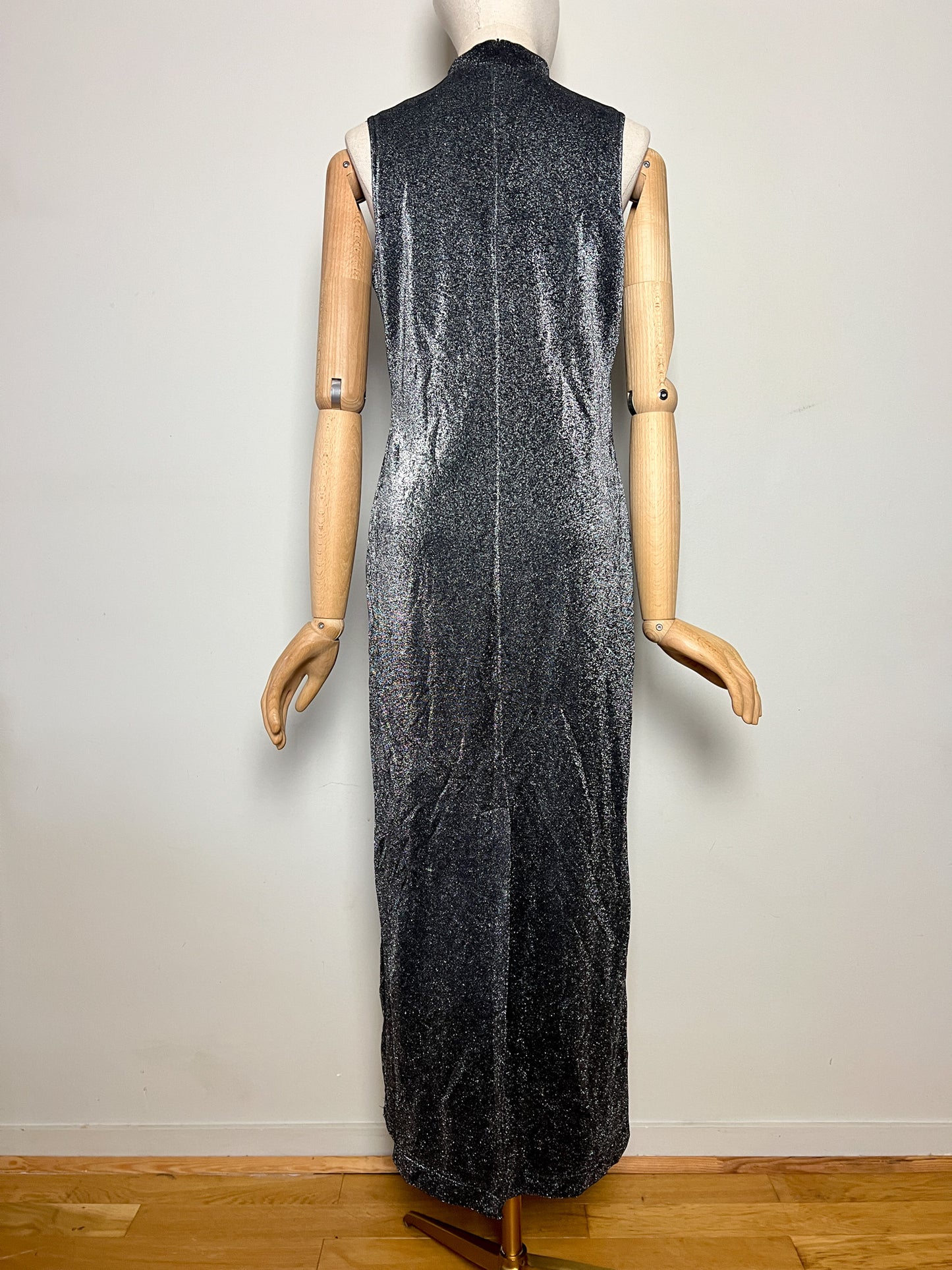 Robe Longue Vintage Années 90 Noir Pailleté Argenté - Col Montant - T38/40