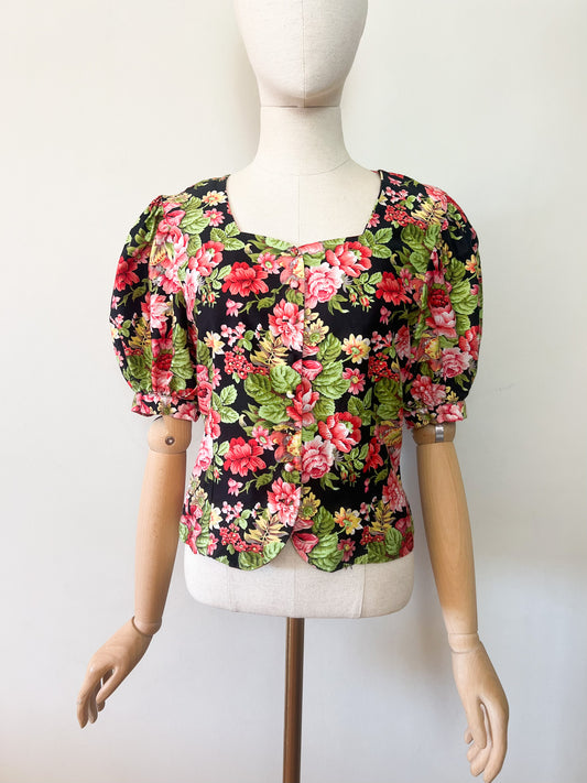 Blouse Vintage Années 80/90 Frank et Fils Paris – Fleurs & Manches Ballon – 100% Coton Made in France – T.36/38