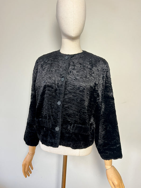 Veste Vintage Fourrure Synthétique Astrakan Noire - Coupe Courte Rétro Chic - Manches 7/8 - T40