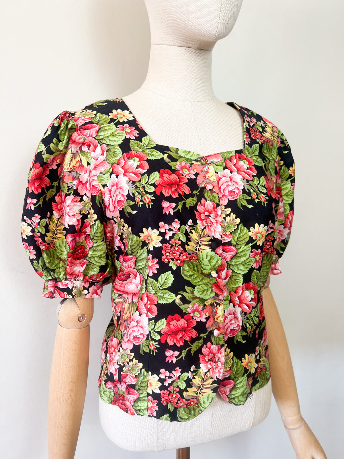 Blouse Vintage Années 80/90 Frank et Fils Paris – Fleurs & Manches Ballon – 100% Coton Made in France – T.36/38