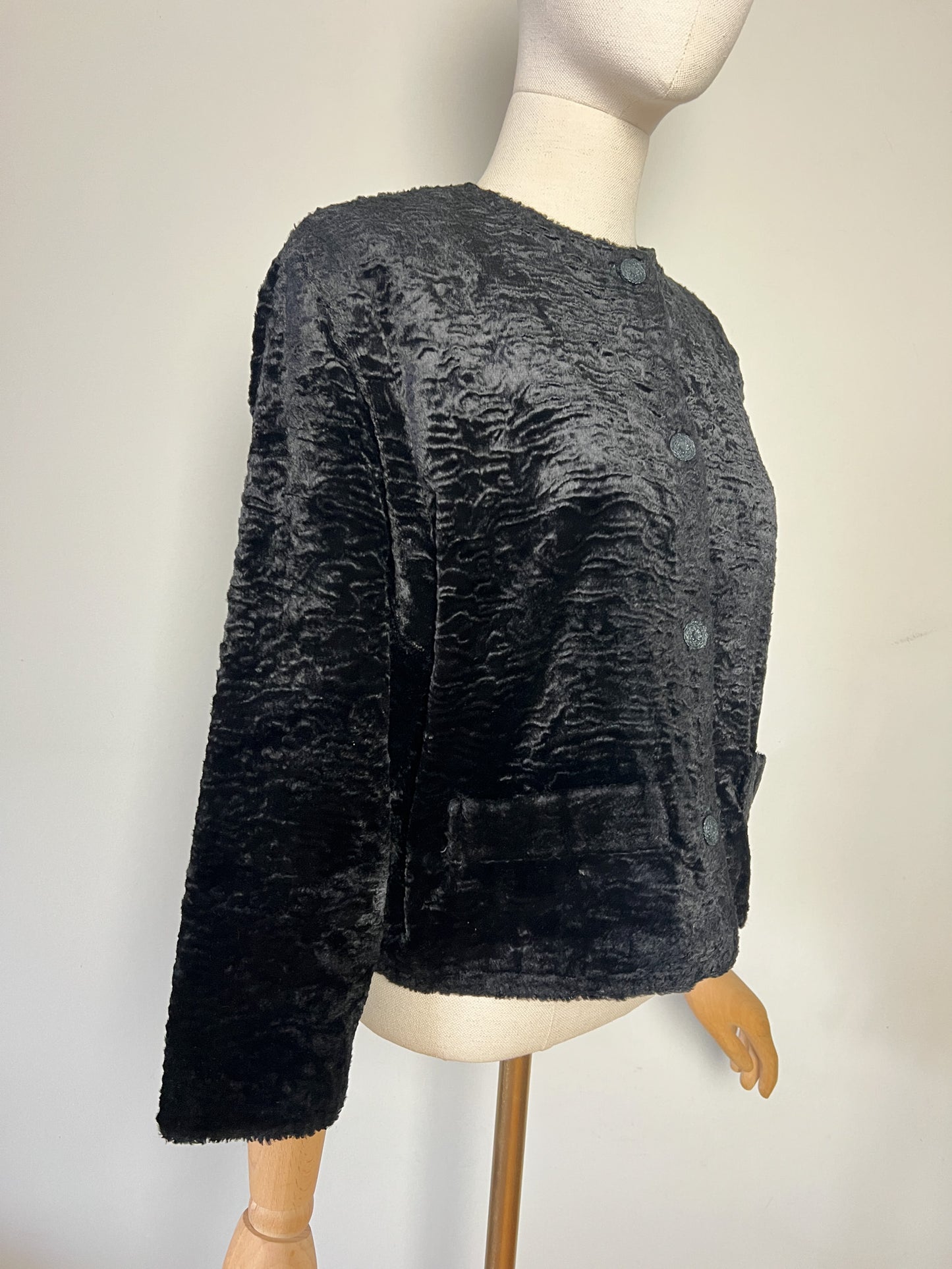Veste Vintage Fourrure Synthétique Astrakan Noire - Coupe Courte Rétro Chic - Manches 7/8 - T40