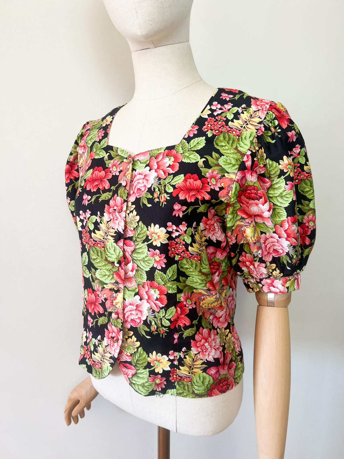 Blouse Vintage Années 80/90 Frank et Fils Paris – Fleurs & Manches Ballon – 100% Coton Made in France – T.36/38