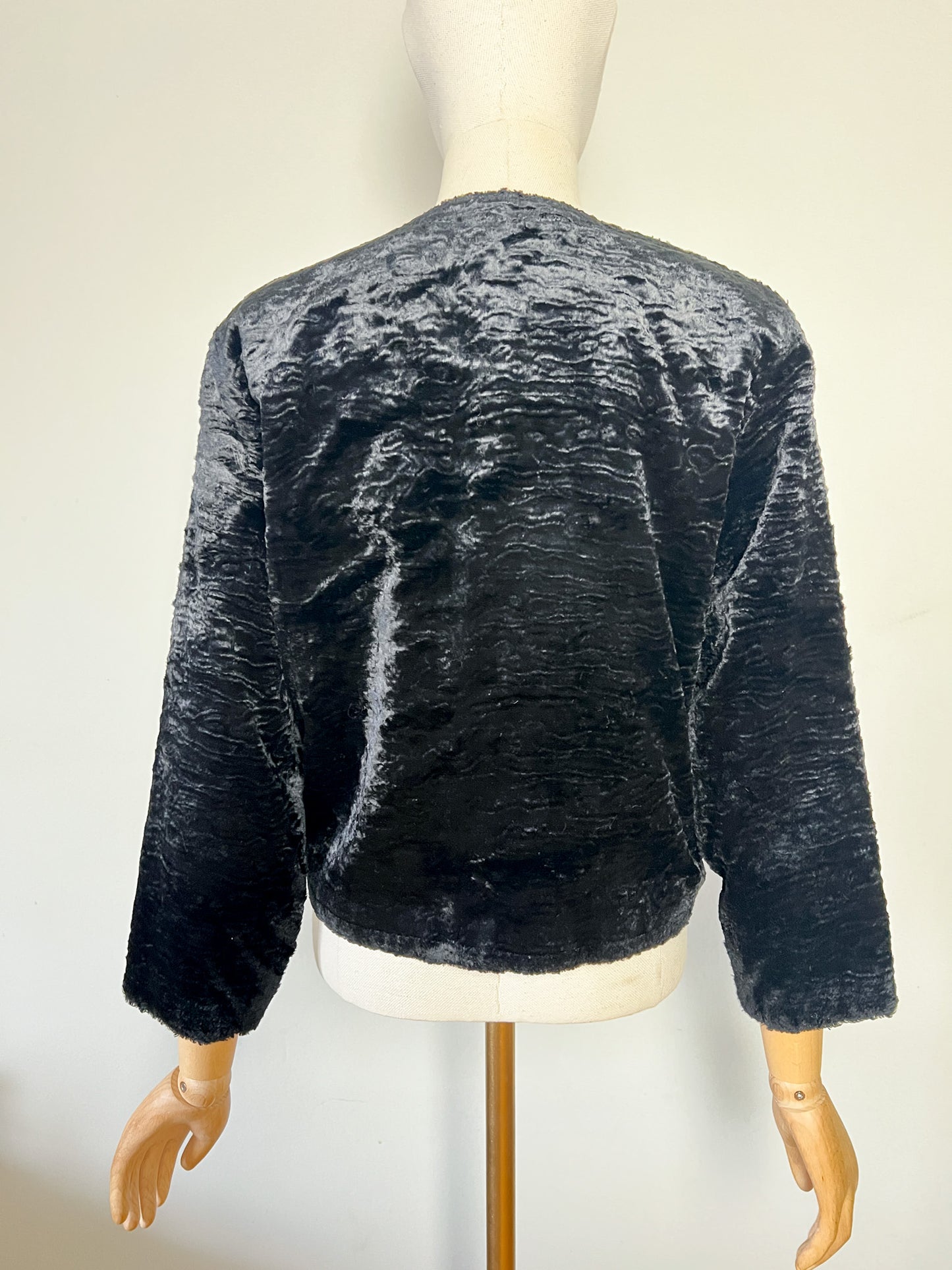 Veste Vintage Fourrure Synthétique Astrakan Noire - Coupe Courte Rétro Chic - Manches 7/8 - T40