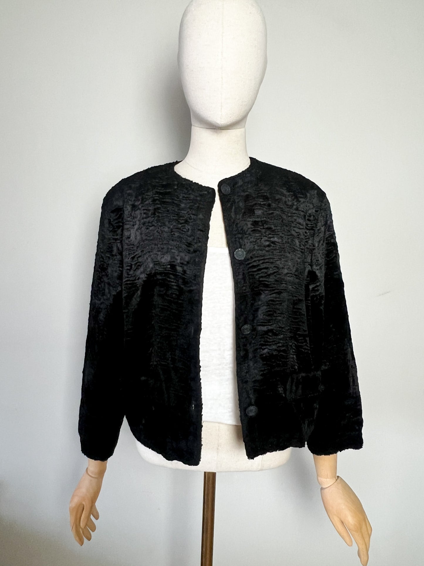 Veste Vintage Fourrure Synthétique Astrakan Noire - Coupe Courte Rétro Chic - Manches 7/8 - T40