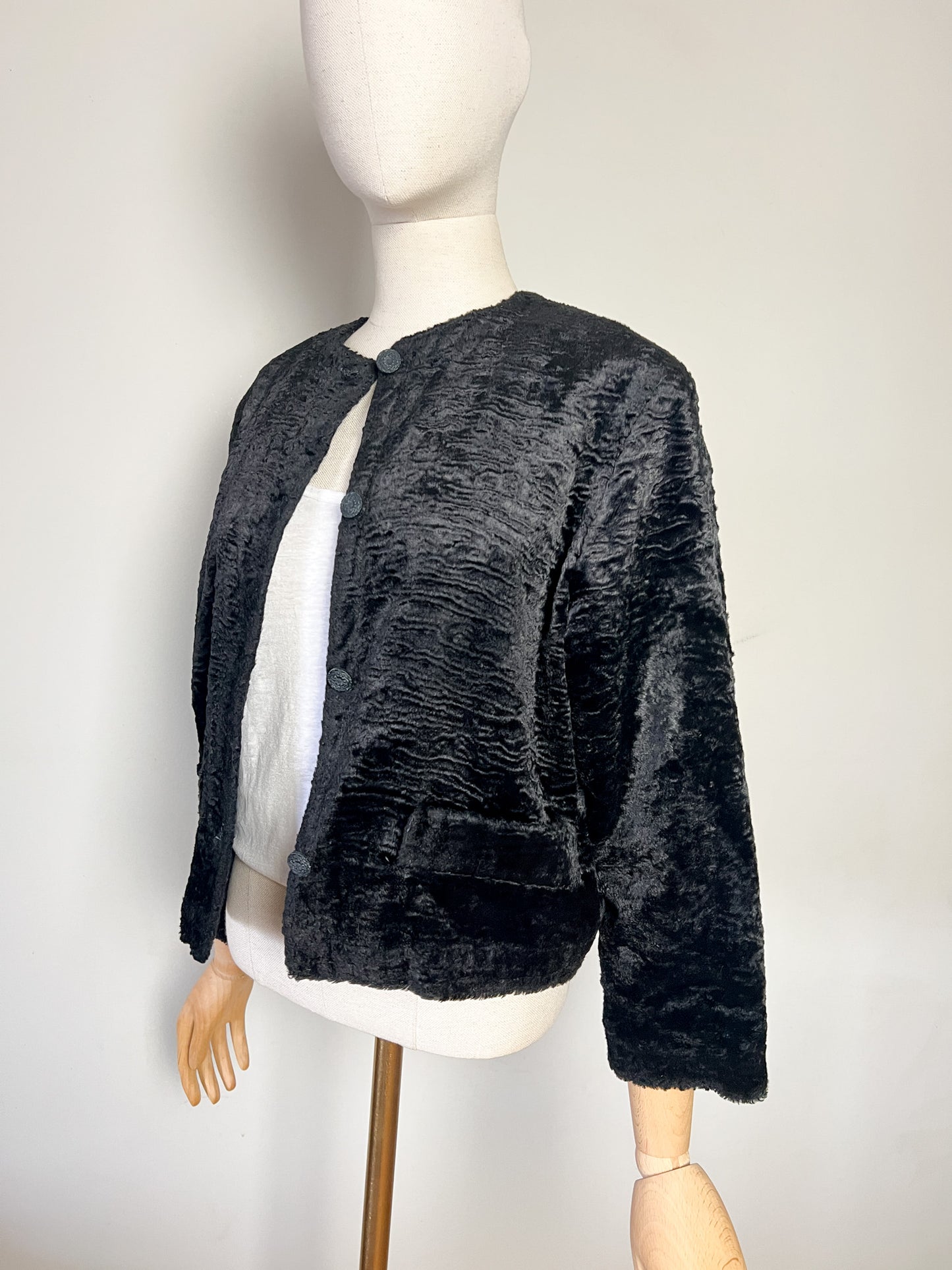 Veste Vintage Fourrure Synthétique Astrakan Noire - Coupe Courte Rétro Chic - Manches 7/8 - T40