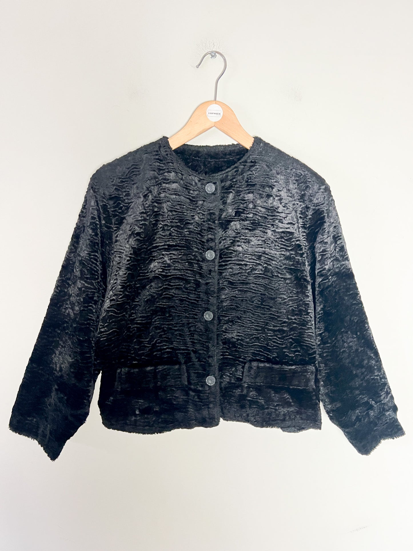 Veste Vintage Fourrure Synthétique Astrakan Noire - Coupe Courte Rétro Chic - Manches 7/8 - T40