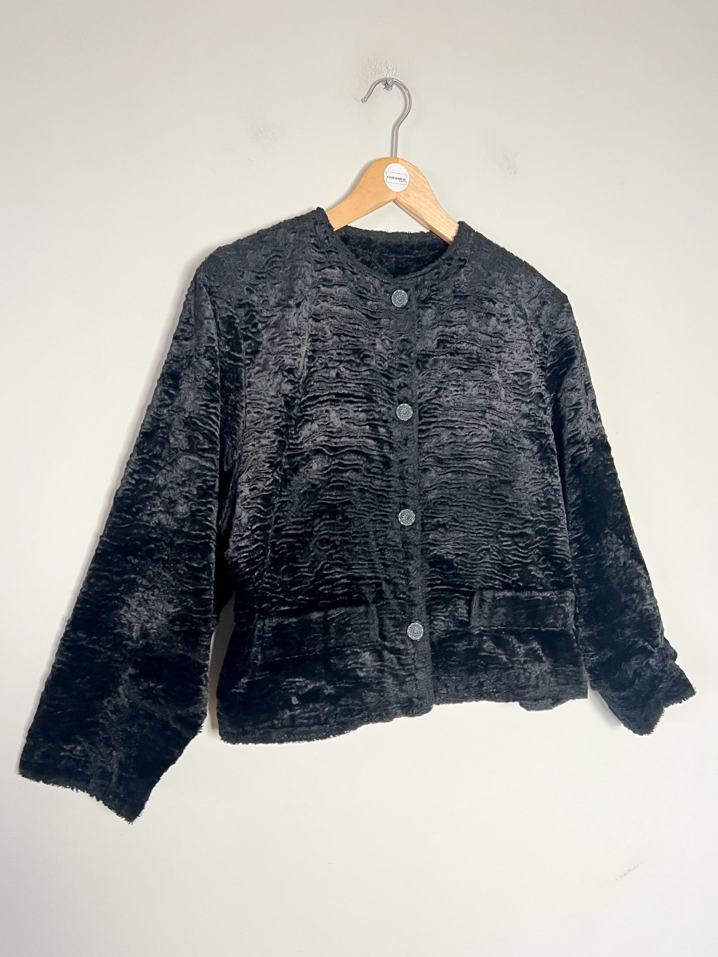 Veste Vintage Fourrure Synthétique Astrakan Noire - Coupe Courte Rétro Chic - Manches 7/8 - T40