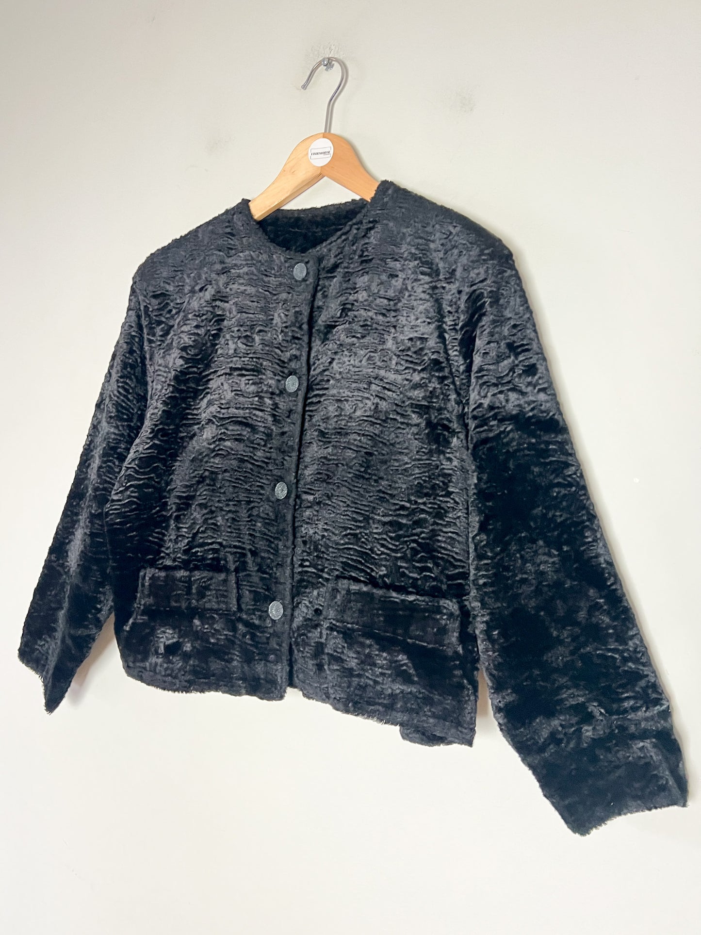 Veste Vintage Fourrure Synthétique Astrakan Noire - Coupe Courte Rétro Chic - Manches 7/8 - T40