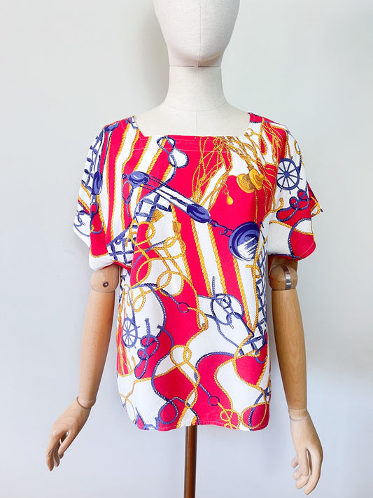 Blouse Boxy Vintage Années 80 – Imprimé Marin & Cordages – Fabriquée en Bretagne – T.38/40 (M)