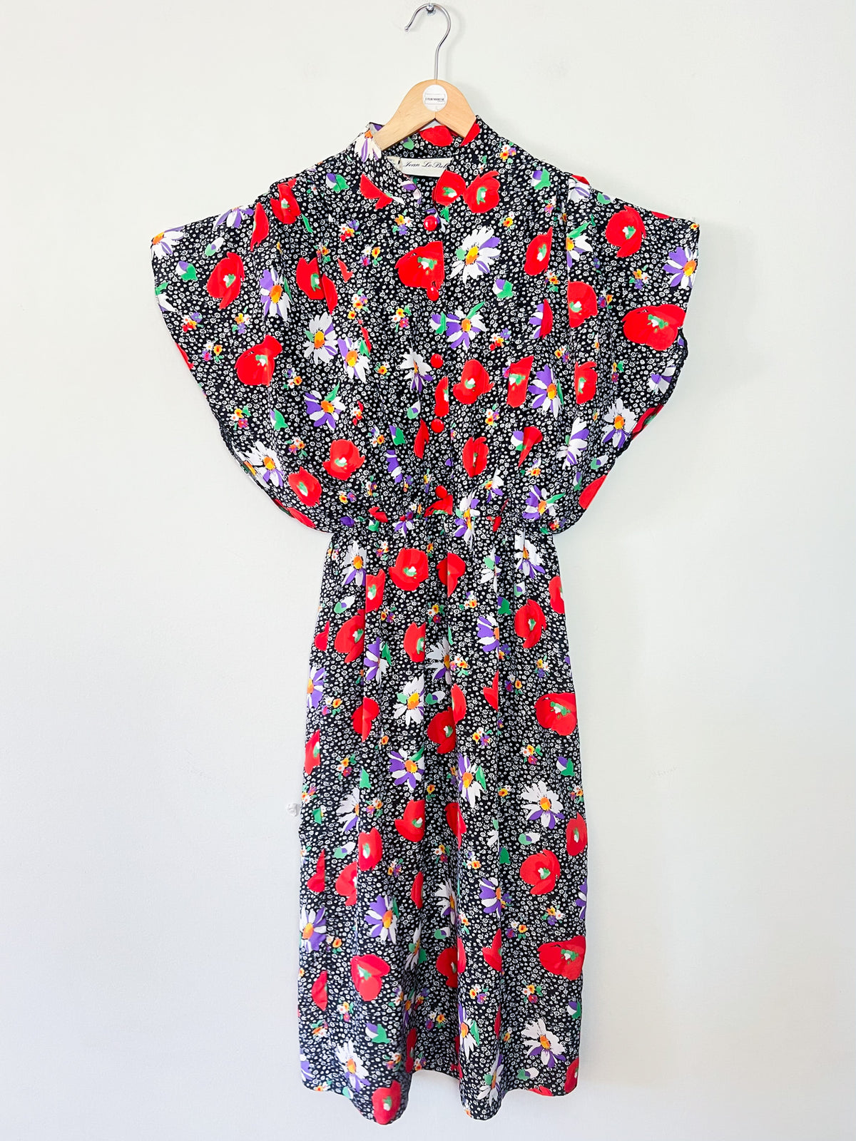 Robe Vintage Années 80 – Imprimé Fleurs & Coquelicots – Manches Papillon – T.38/40