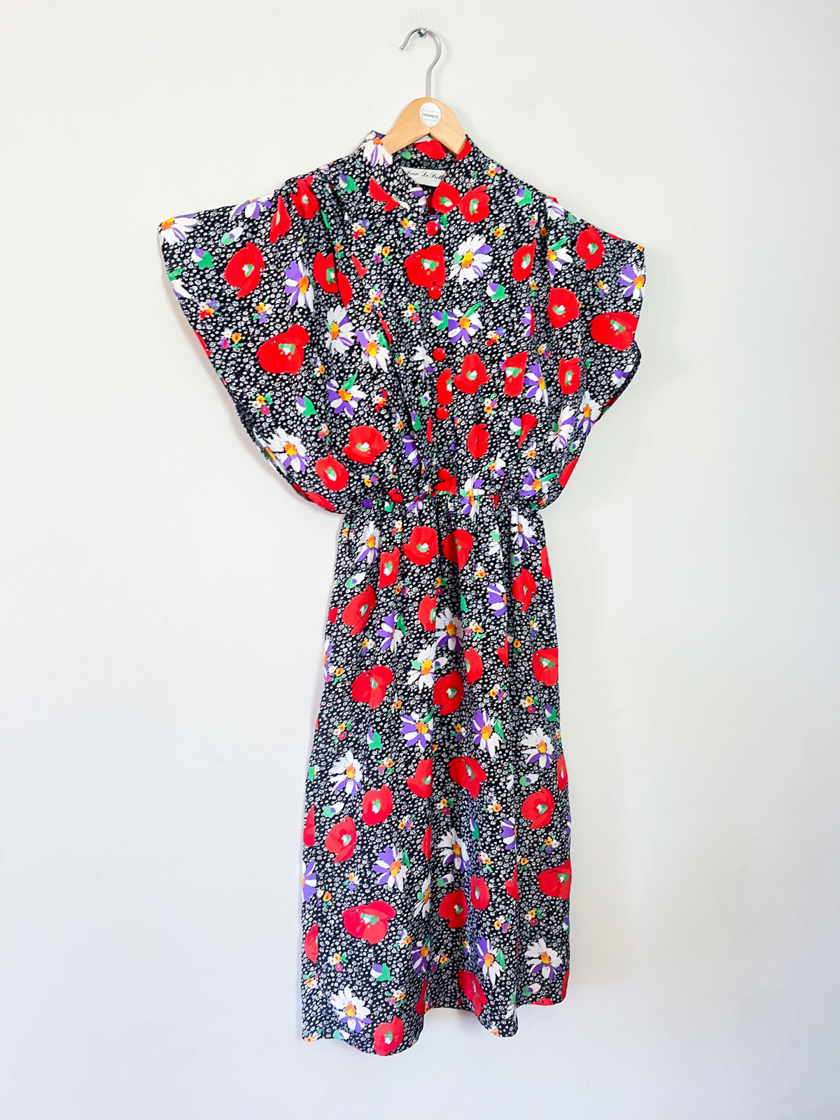 Robe Vintage Années 80 – Imprimé Fleurs & Coquelicots – Manches Papillon – T.38/40