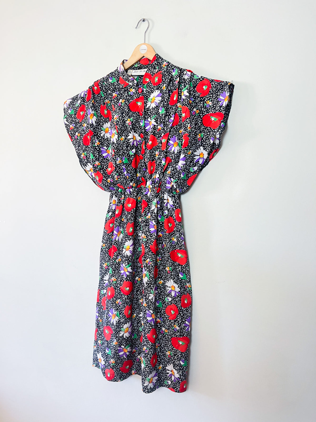Robe Vintage Années 80 – Imprimé Fleurs & Coquelicots – Manches Papillon – T.38/40