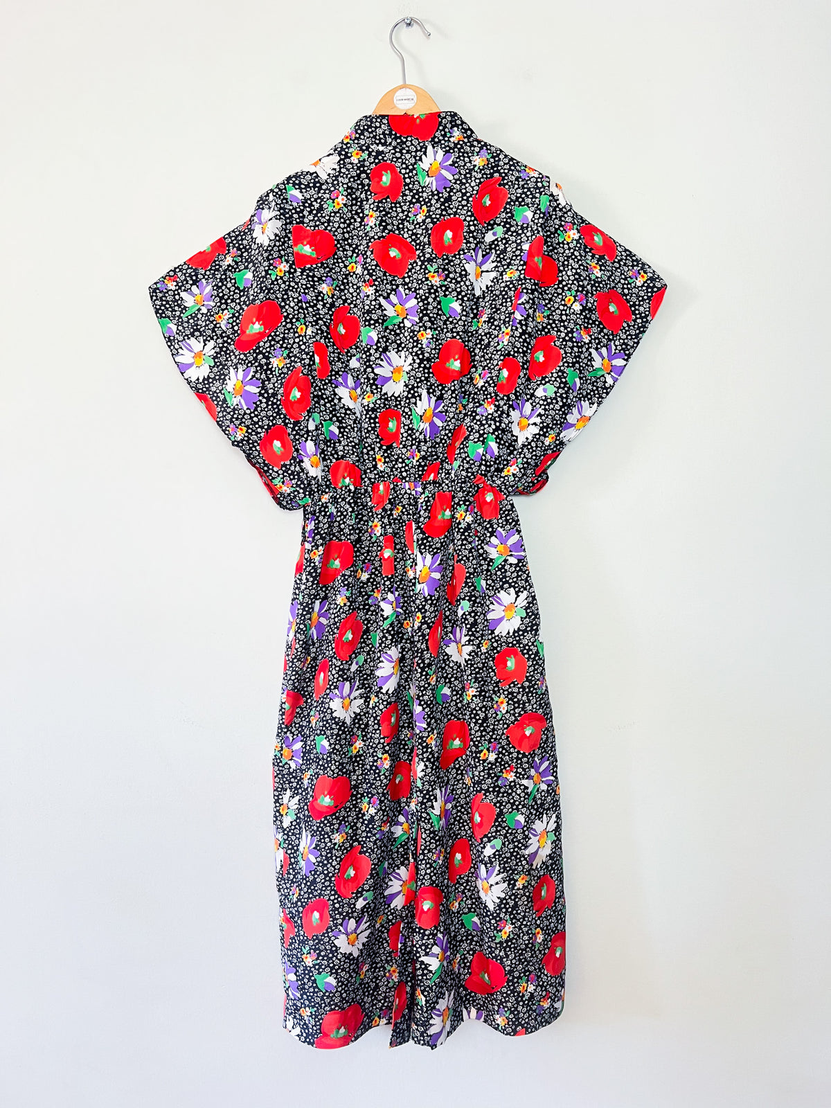 Robe Vintage Années 80 – Imprimé Fleurs & Coquelicots – Manches Papillon – T.38/40