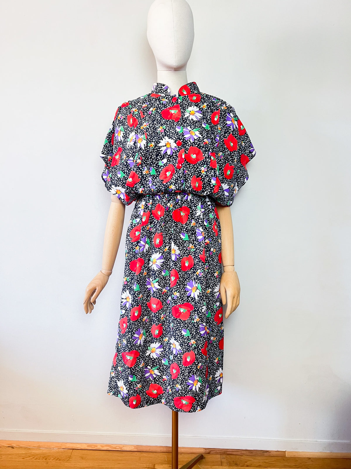 Robe Vintage Années 80 – Imprimé Fleurs & Coquelicots – Manches Papillon – T.38/40