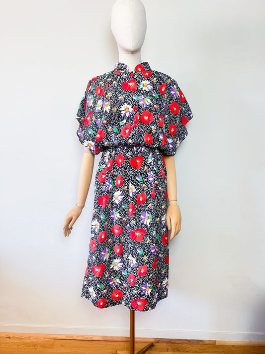 Robe Vintage Années 80 – Imprimé Fleurs & Coquelicots – Manches Papillon – T.38/40