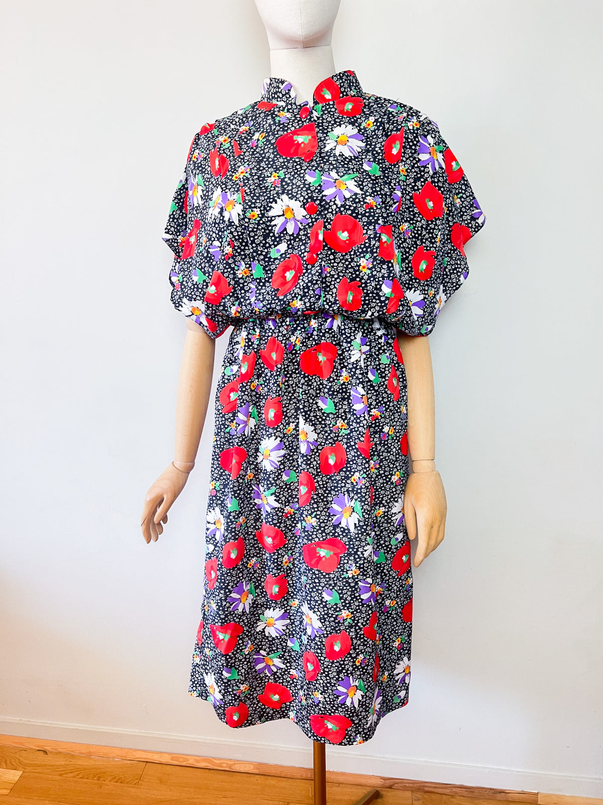 Robe Vintage Années 80 – Imprimé Fleurs & Coquelicots – Manches Papillon – T.38/40