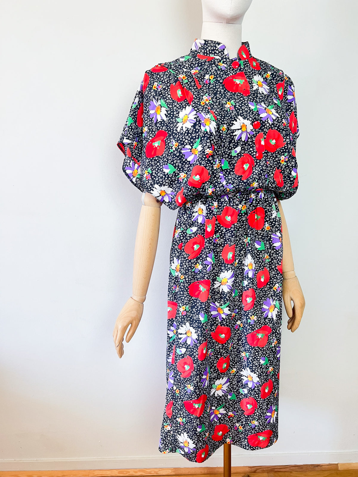 Robe Vintage Années 80 – Imprimé Fleurs & Coquelicots – Manches Papillon – T.38/40