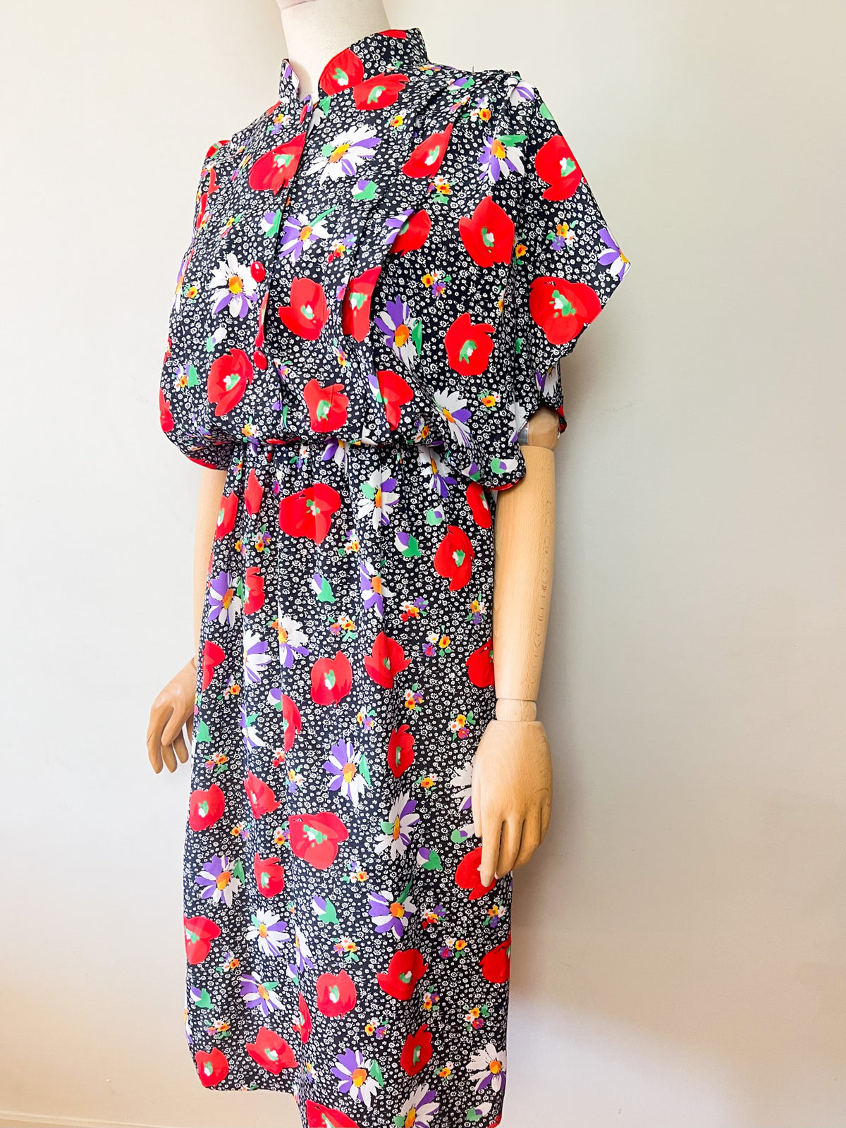 Robe Vintage Années 80 – Imprimé Fleurs & Coquelicots – Manches Papillon – T.38/40