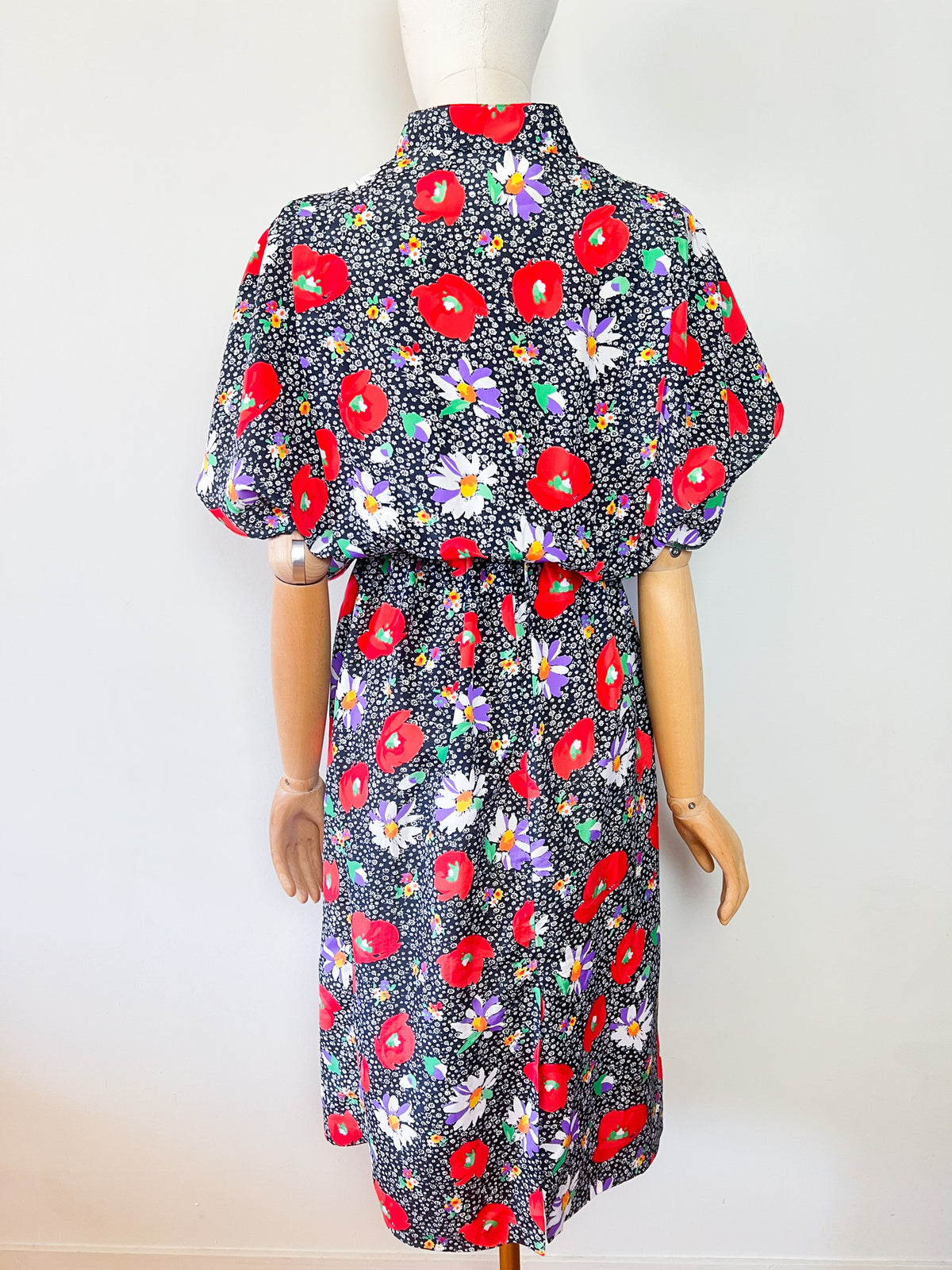 Robe Vintage Années 80 – Imprimé Fleurs & Coquelicots – Manches Papillon – T.38/40