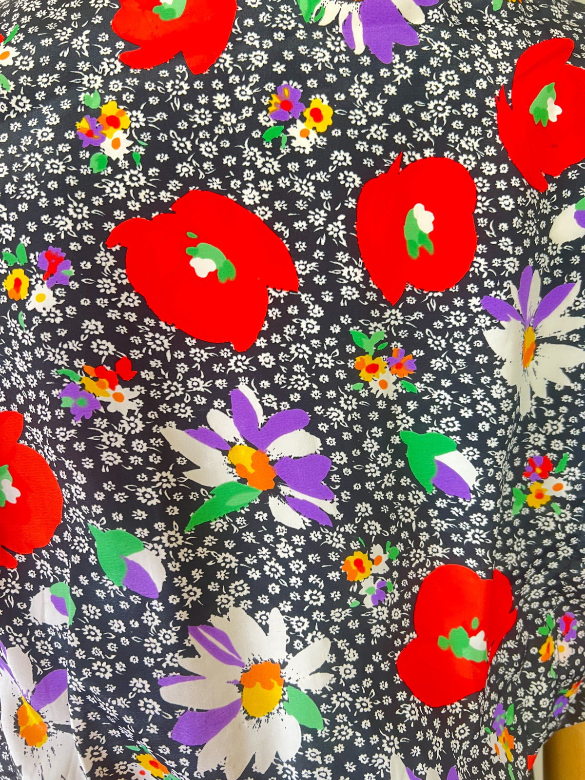 Robe Vintage Années 80 – Imprimé Fleurs & Coquelicots – Manches Papillon – T.38/40