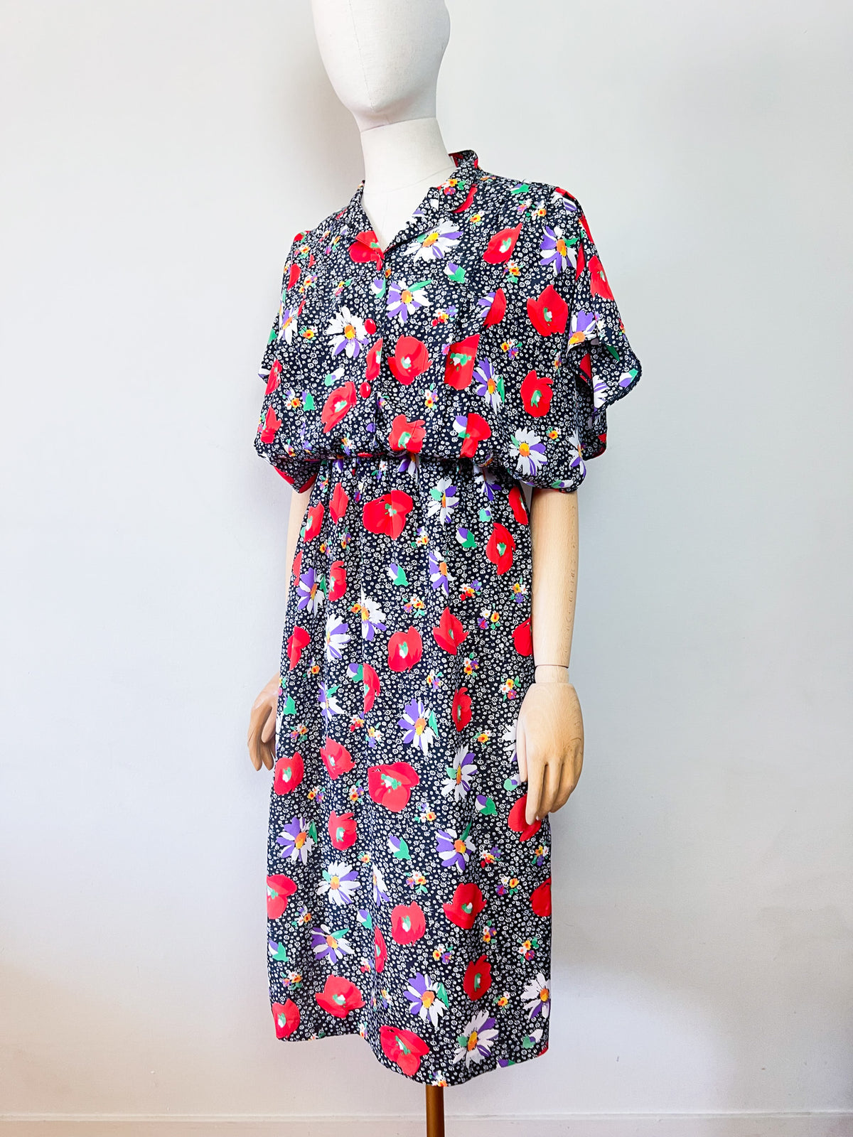 Robe Vintage Années 80 – Imprimé Fleurs & Coquelicots – Manches Papillon – T.38/40